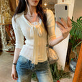 Lace Spliced Mock Two-Piece Knotted Knit Top for Women